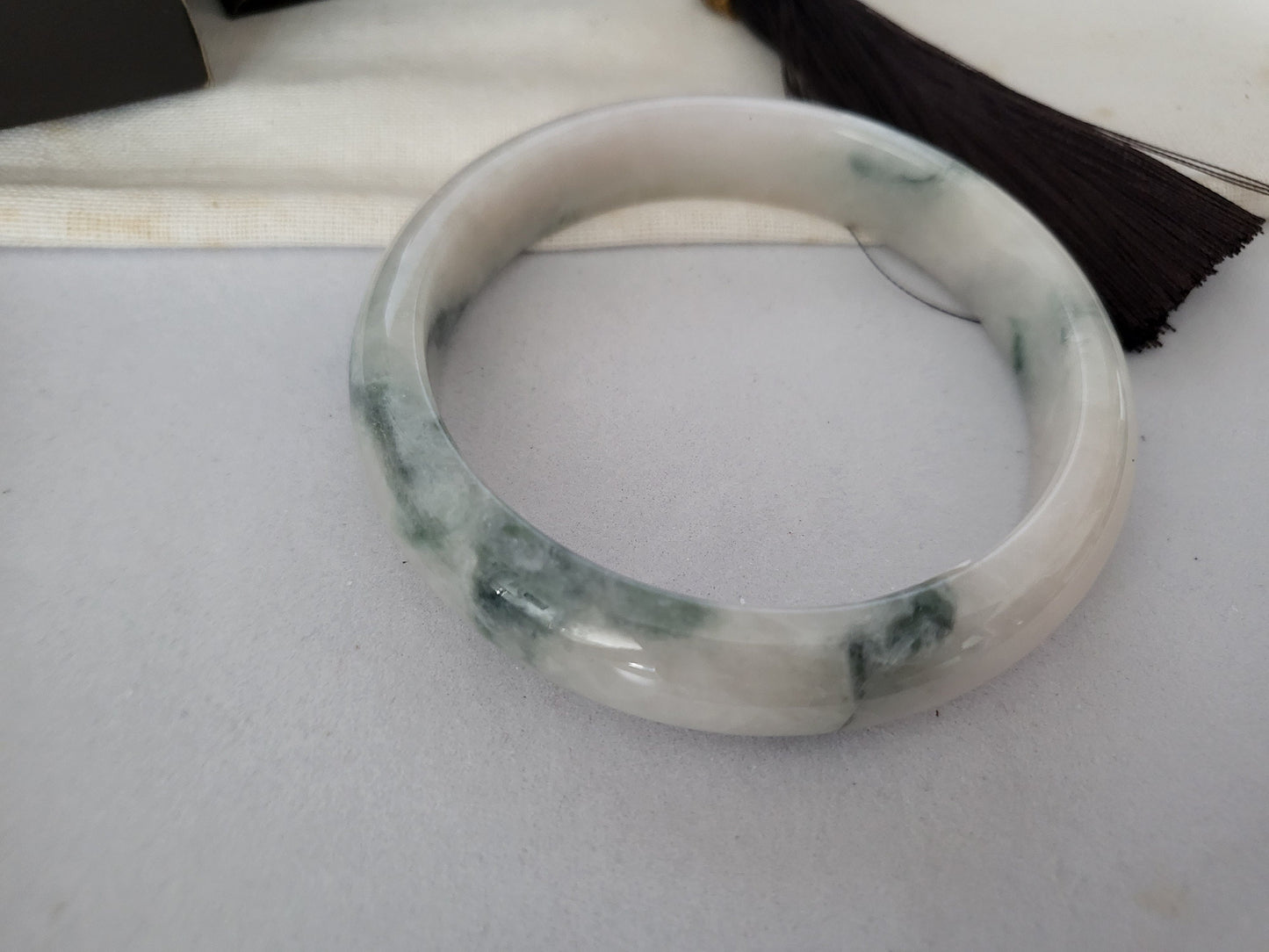59.6mm Jadeite Grade A Bangle Natural Burma Jade White Flower Green [PINE WINTERLAND COLLECTION]