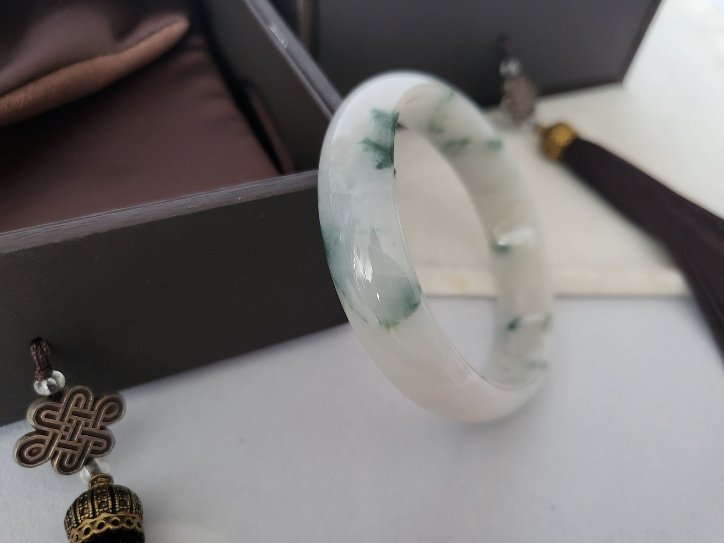 50.4 mm Jadeite Grade A Guifei Oval Bangle Natural Burma Jade White Flower Green [PINE WINTERLAND COLLECTION]