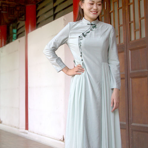 Daniela Mint Green Classic Chinese Mandarin Collar Long Sleeves Pleated Cheongsam Dress Qipao