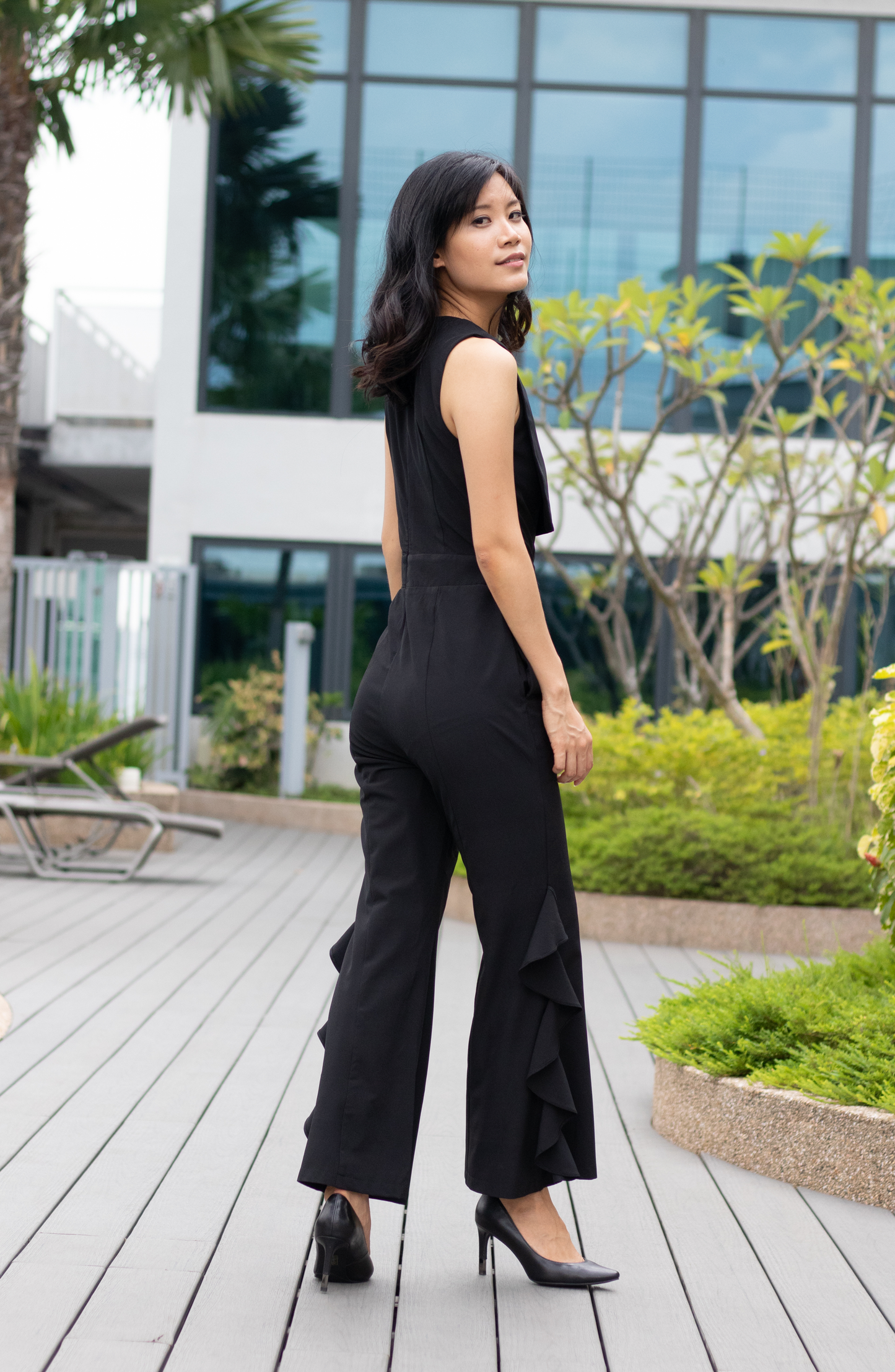 V Neck Foldover Tiered Ruffle Jumpsuit