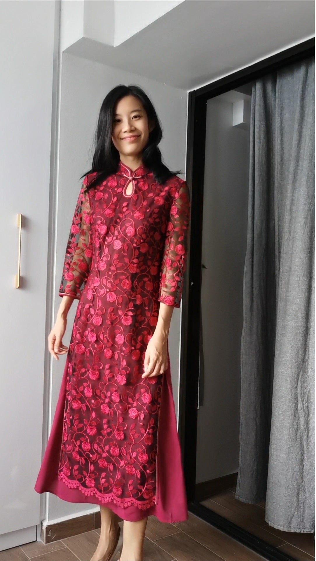 Red Pamela Lace Chinese Mandarin Collar Cheongsam Dress Qipao