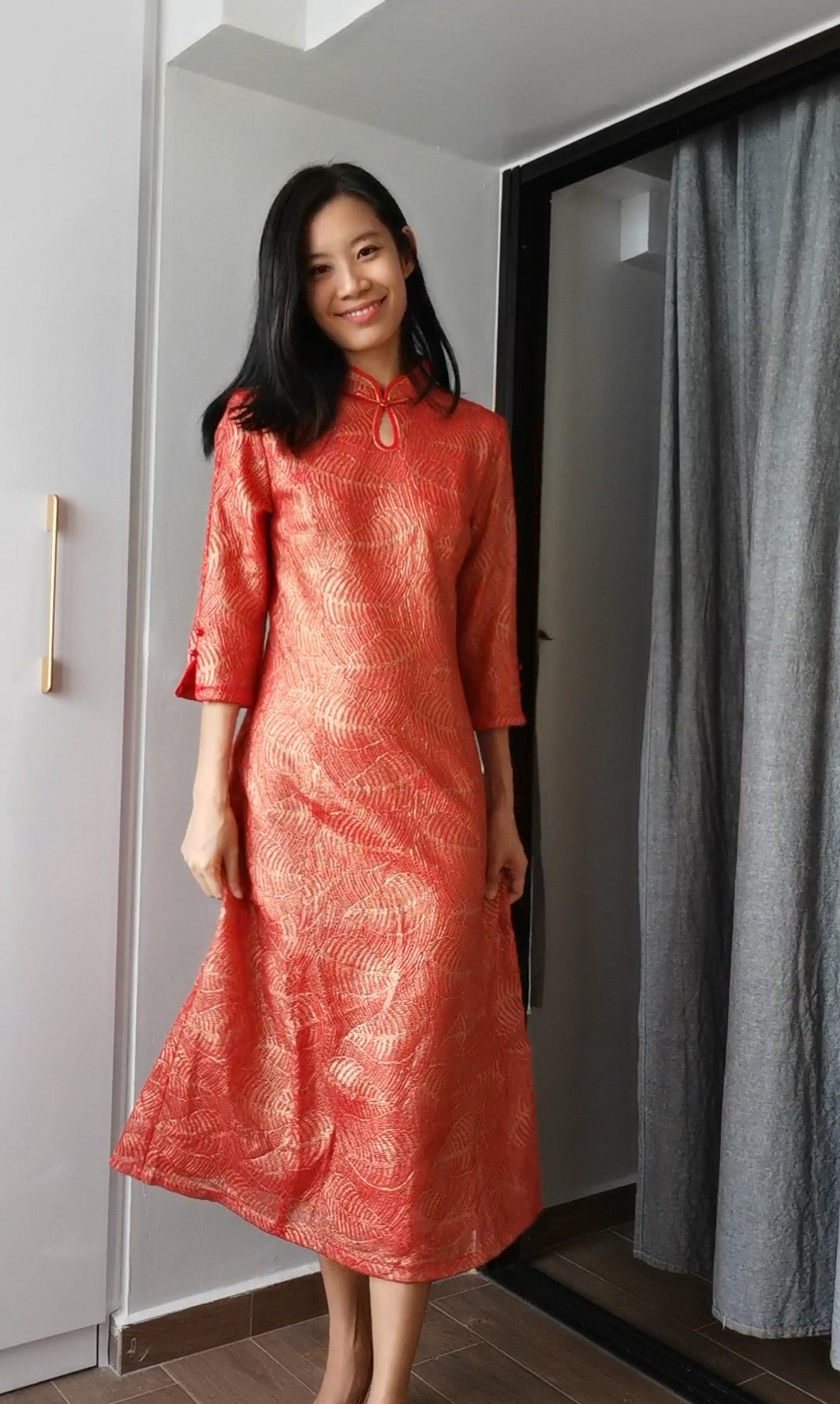Charlize Red Gold Thread Embroidery Chinese Mandarin Collar Cheongsam Dress Qipao