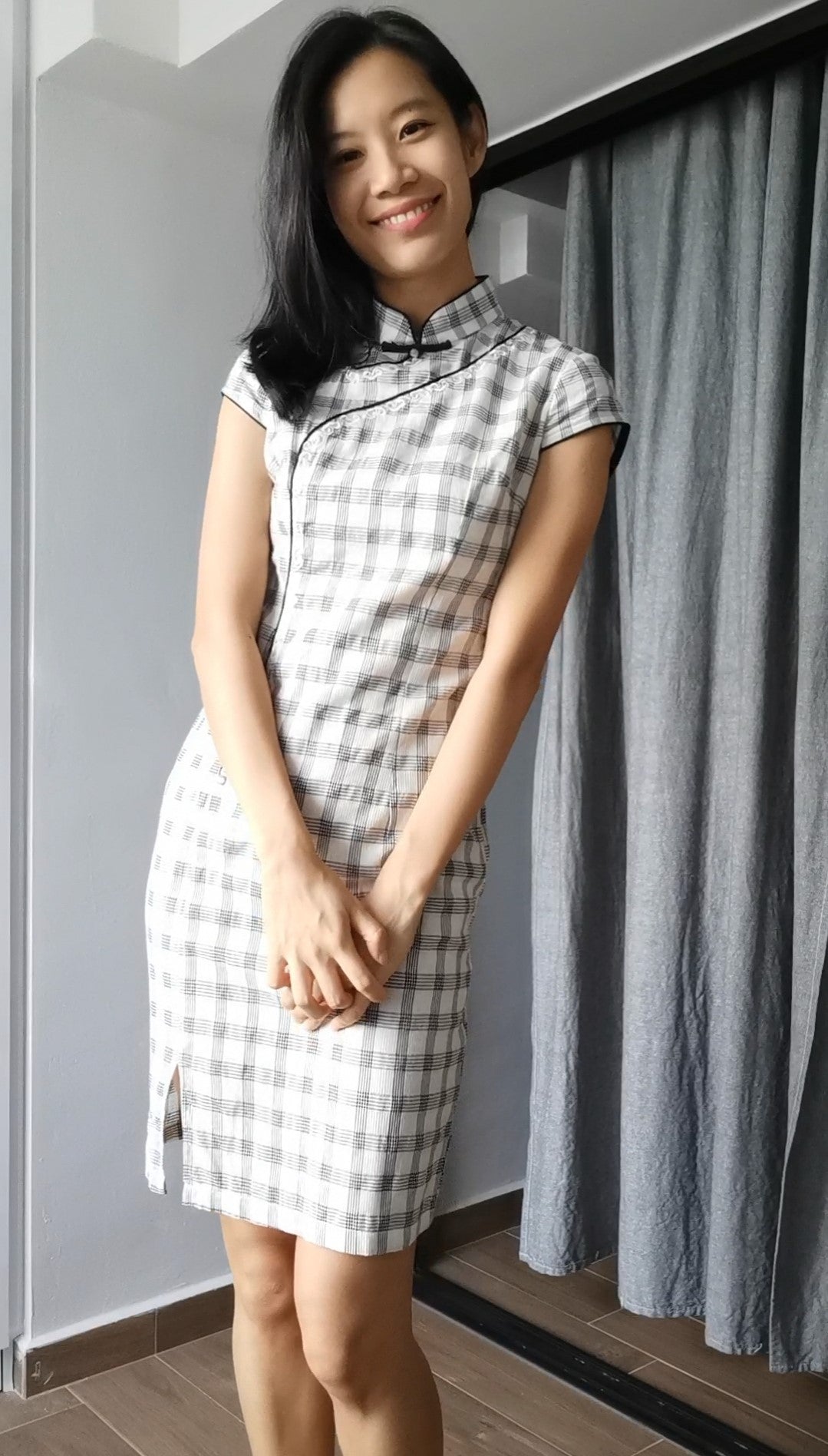 Natalie Black White Checkered Chinese Mandarin Collar Cheongsam Qipao