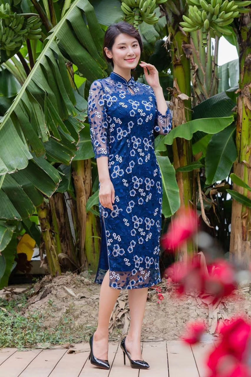 Navy Blue Paula Lace Chinese Mandarin Collar Cheongsam Dress Qipao