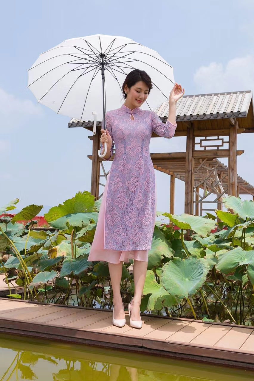 Brittany Lilac Pink Lace Fit and Flare Chinese Mandarin Collar Cheongsam Dress Qipao