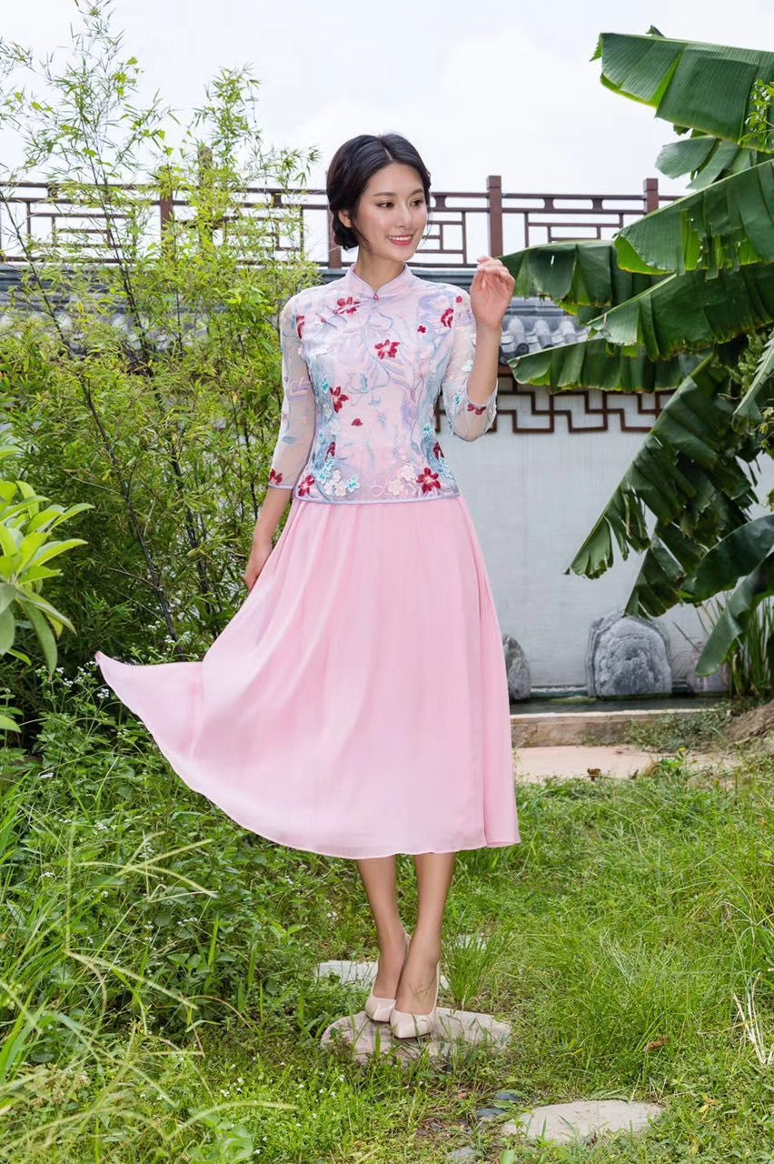 Pink Daisy Embroidery Dream Lace Chinese Mandarin Collar Cheongsam Midi Dress Qipao